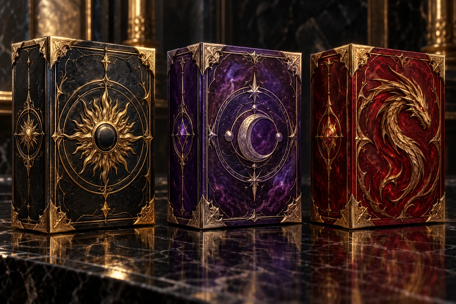 Three ornate game boxes, original art for the editions card