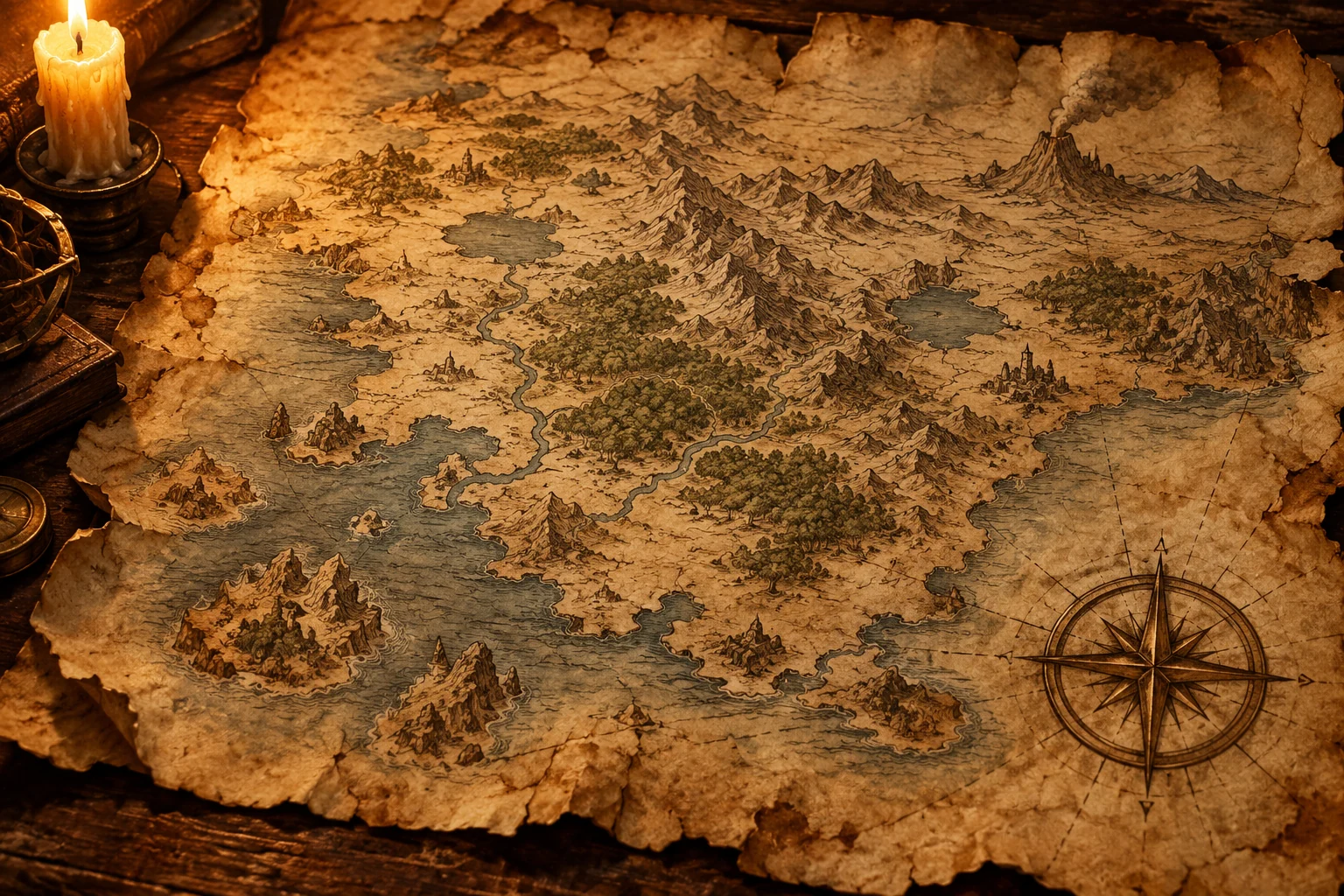 Aged map with a compass rose, original art for the guides card
