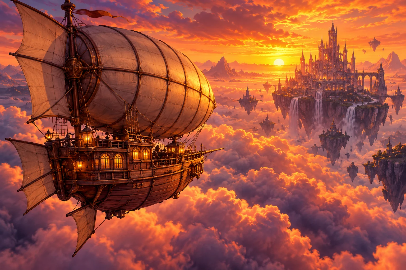 Airship above sunset clouds, original art for the platforms card